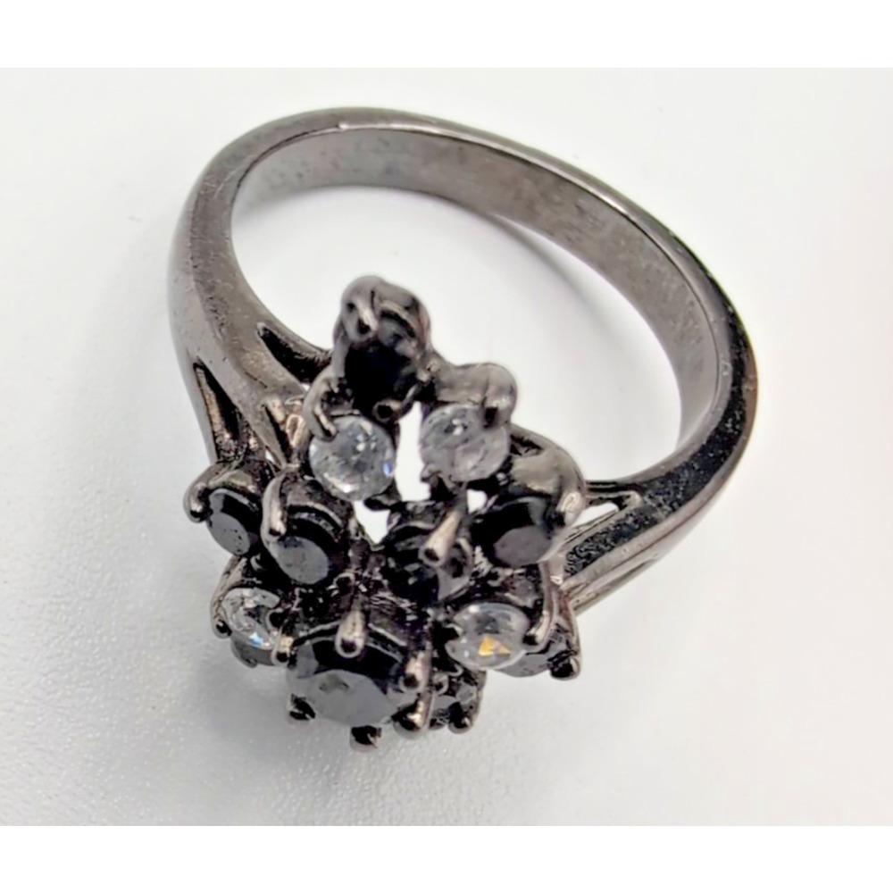 gunmetal tone ring floral bouquet cluster of black clear CZs shiny size 9.25
